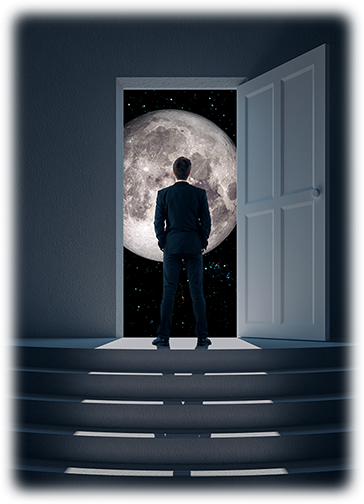 About Rev. Mike - Standing at the top of a flight of stairs before a door that opens to the moon